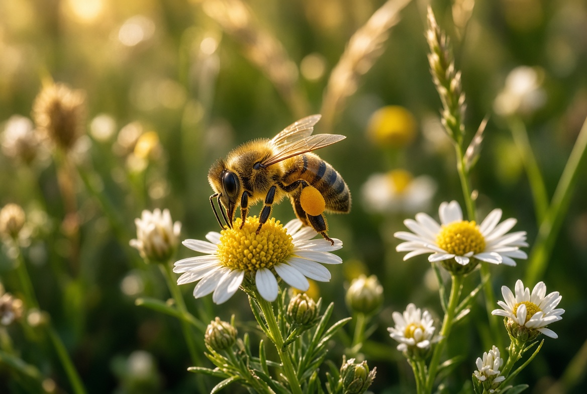 Honey bee collecting pollen in a field