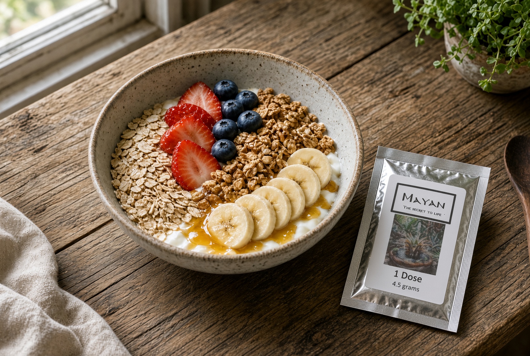 MAYAN sachet beside a bowl of muesli