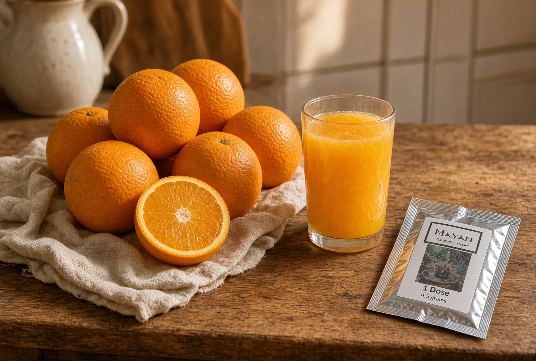 MAYAN sachet beside fresh orange juice