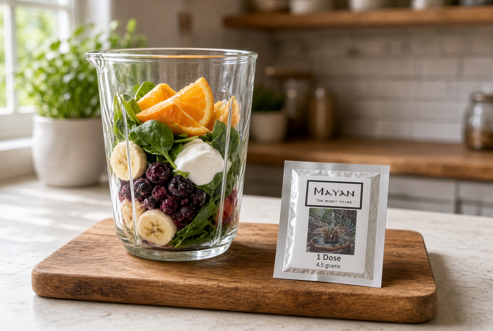 MAYAN sachet beside a smoothie blender